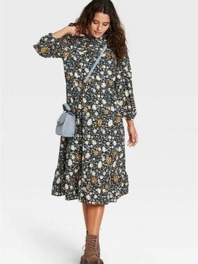 Universal Thread Floral Midi Cottagecore Dress in Dark Blue and Mustard